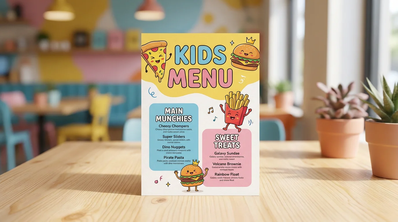 A professionally designed kids menu laid on a light wooden table, featuring colorful cartoon illustrations of a pizza and burger, with playful text for menu items.