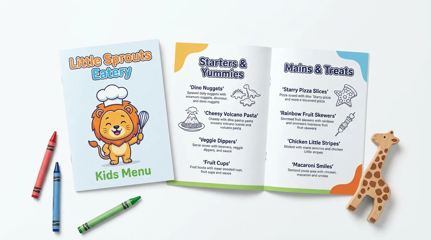 A colorful kids menu mockup for 'Little Sprouts Eatery' laid flat on a white background, surrounded by crayons and a small wooden giraffe toy.
