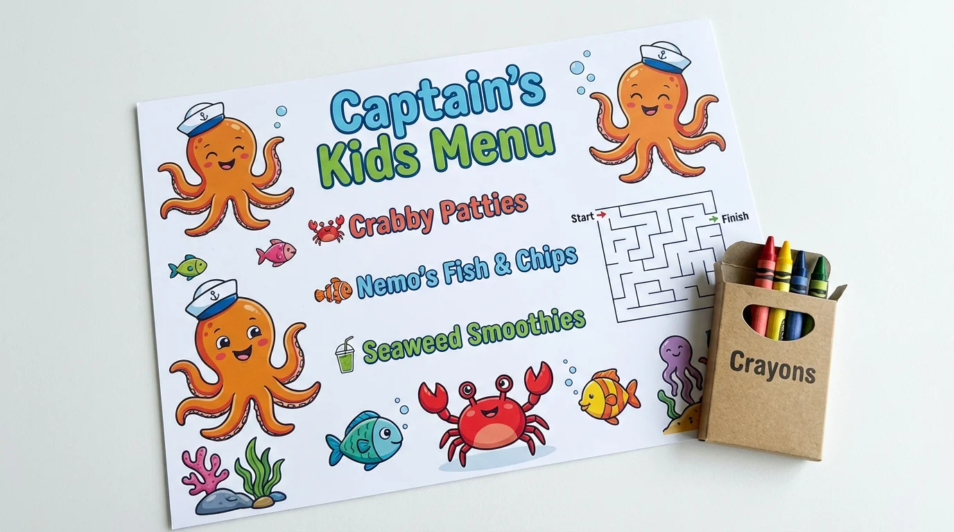 A brightly colored kids' menu with a cartoonish 'Under the Sea' theme, laid flat on a white background with a small box of crayons next to it.