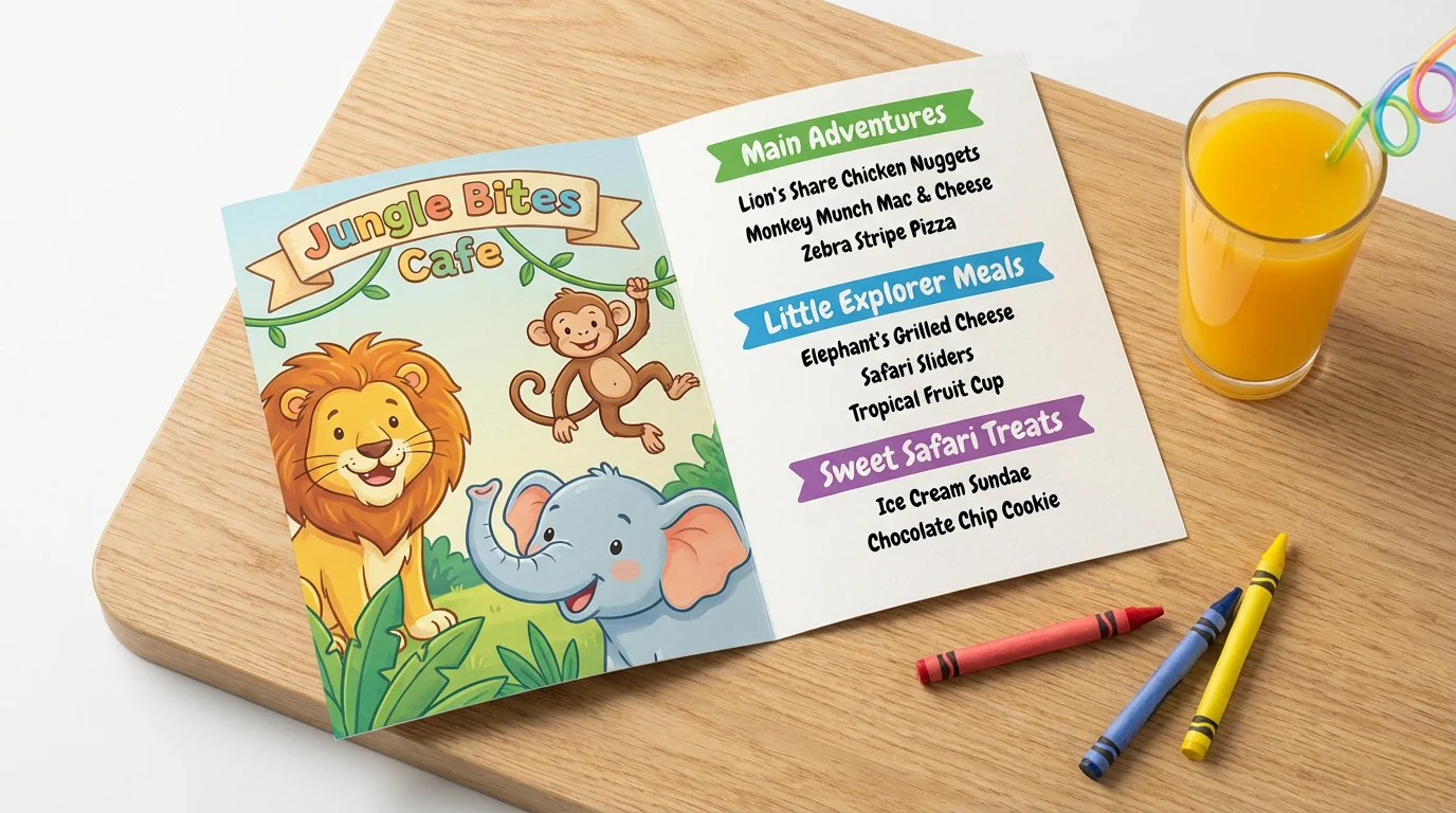 A colorful and fun kids menu mockup for 'Jungle Bites Cafe', featuring cartoon jungle animals and playful text, placed on a light wooden table with crayons and a glass of orange juice against a white background.