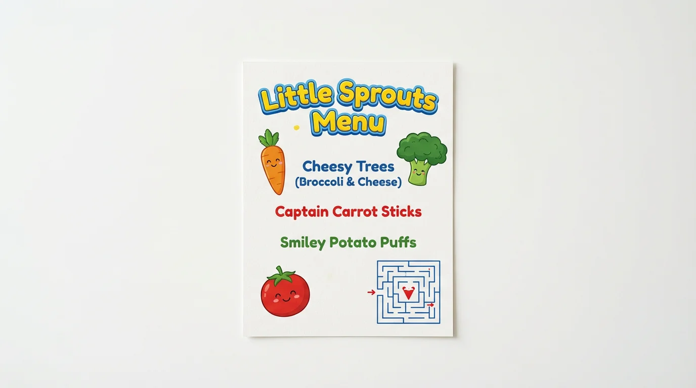 A colorful and playful kids' menu mockup displayed on a clean white background, featuring cute cartoon vegetable illustrations and fun, fictional food names.