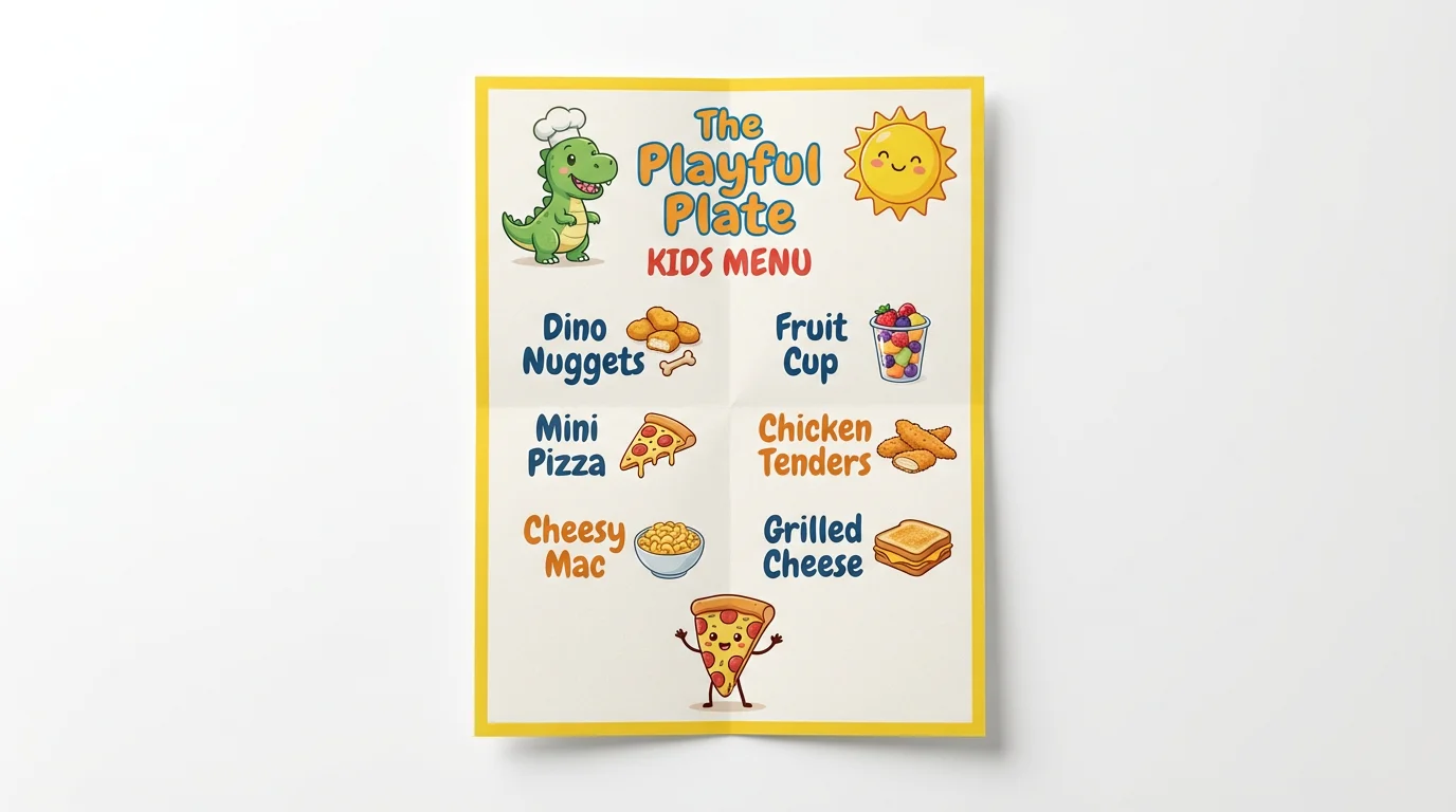 A colorful and fun kids' menu for a fictional restaurant called 'The Playful Plate', featuring cartoon dinosaurs and food, displayed on a clean white background.