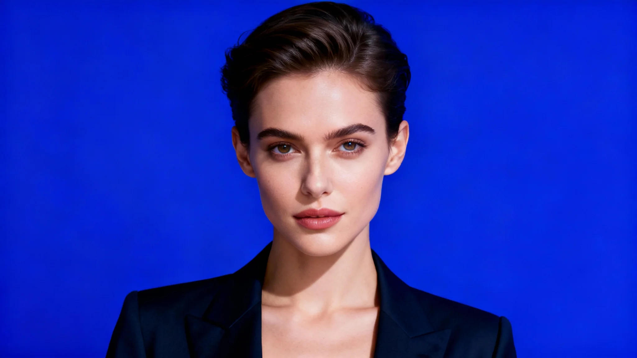 A stylish person stands smiling against a solid blue background, showcasing a perfect background replacement effect.