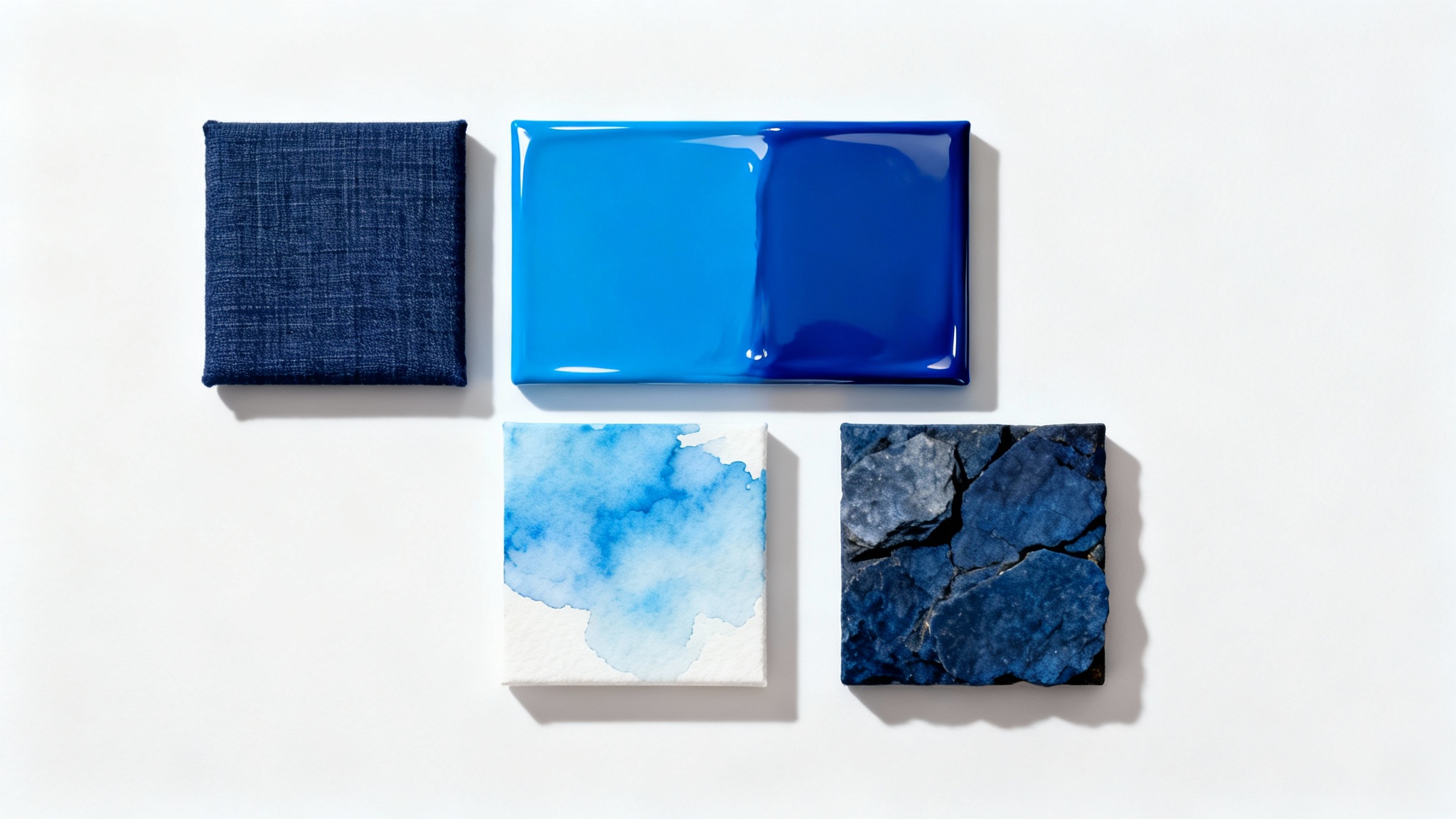 A mockup showcasing four square samples of different blue backgrounds arranged on a white surface. The backgrounds include navy linen, glossy cerulean, sky blue watercolor, and indigo stone textures.