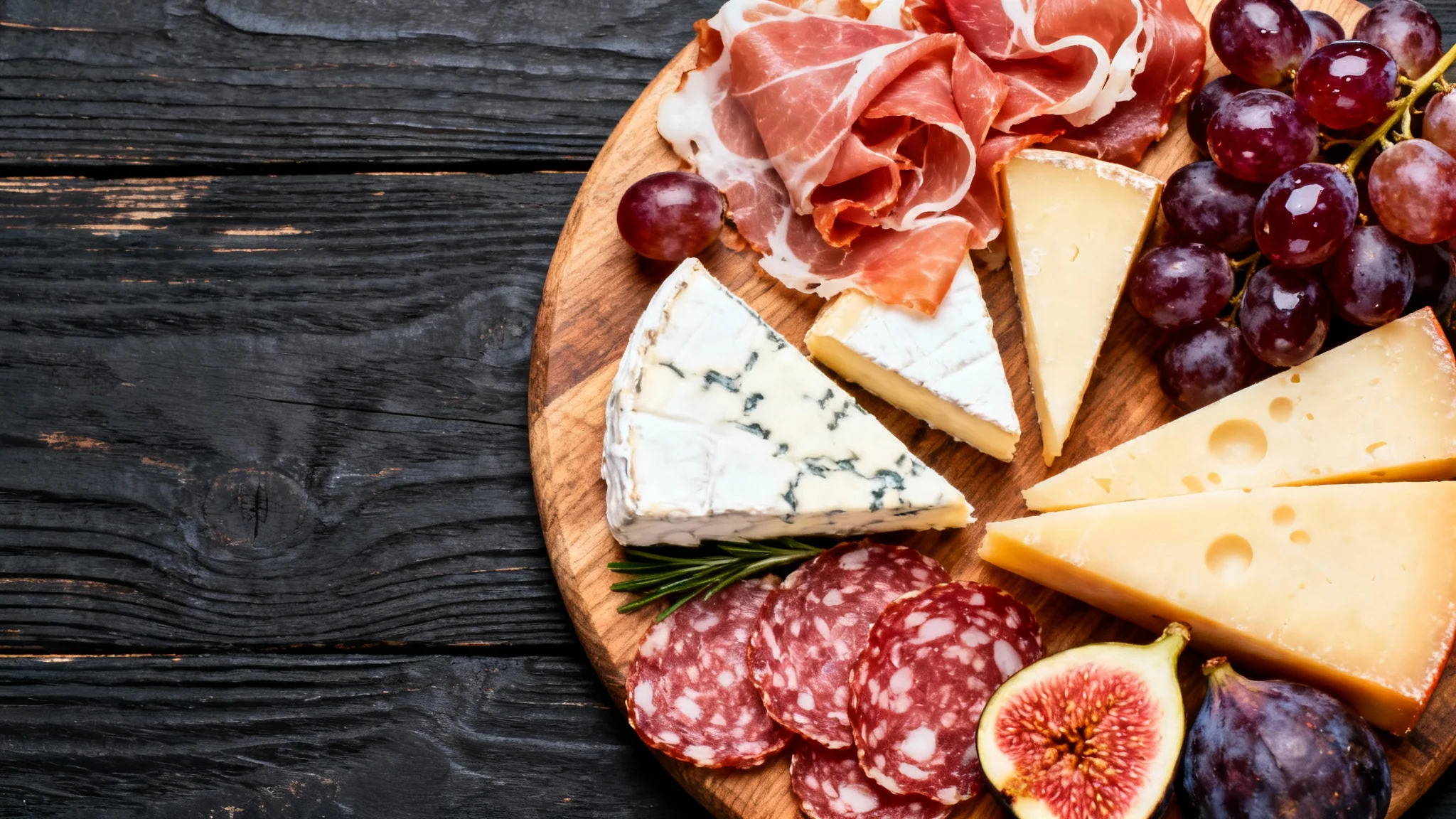 A professionally shot, eye-catching overhead photo of a gourmet charcuterie board on a dark wooden table, showcasing vibrant colors and crisp details from an image enhancement tool.