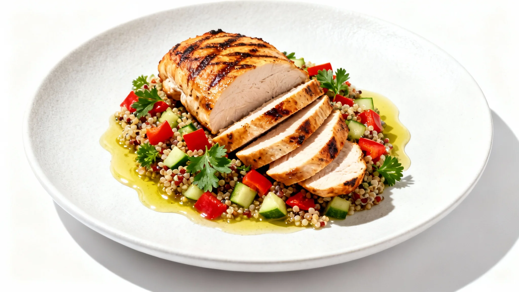 A professionally shot food image of a gourmet grilled chicken and quinoa salad on a white plate, set against a stark white background, highlighting its freshness and vibrant colors.