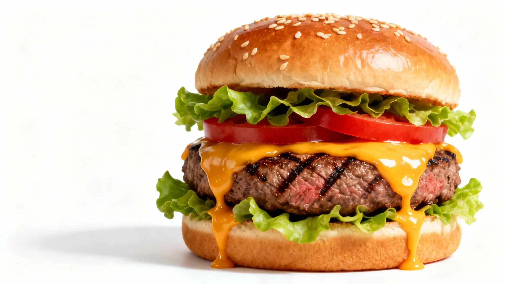 A hyper-realistic studio photograph of a gourmet cheeseburger with a juicy patty, melted cheddar cheese, fresh lettuce, and tomato on a toasted brioche bun, set against a plain white background.