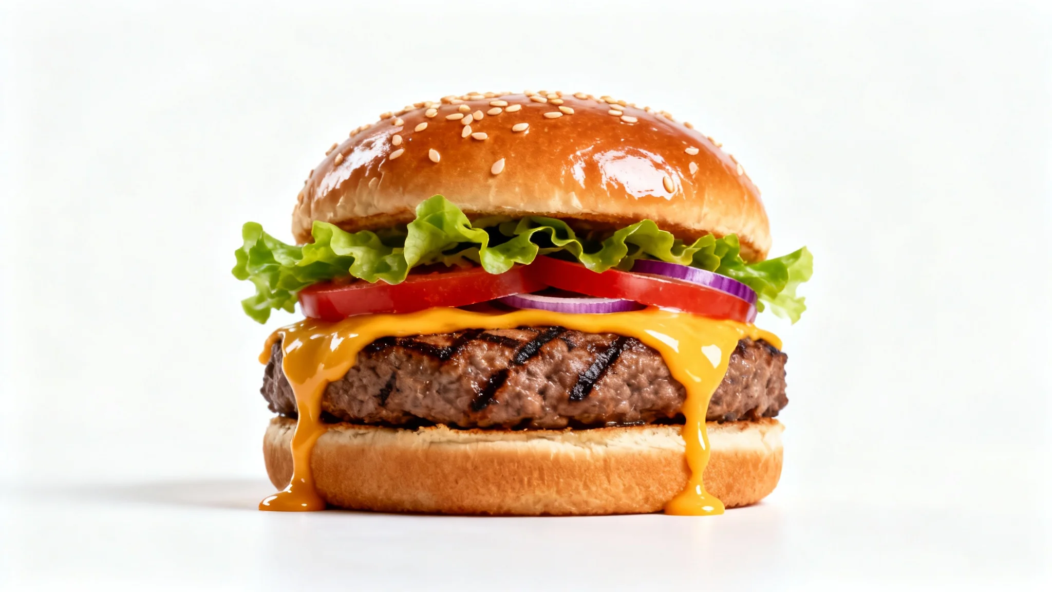 A professionally photographed gourmet cheeseburger with melted cheese and fresh vegetables, isolated on a clean white background.