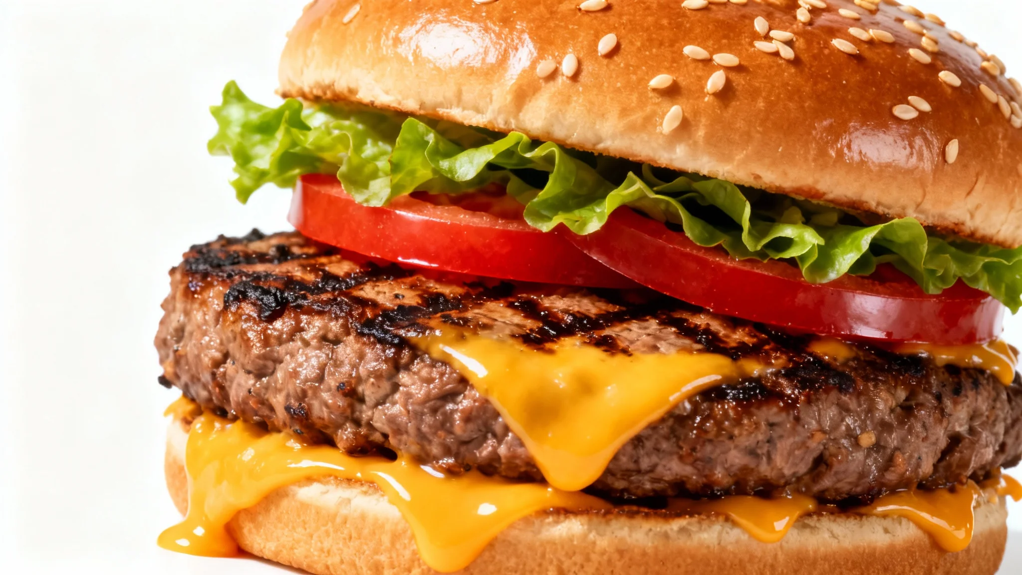 A hyper-realistic photograph of a gourmet cheeseburger, showcasing a juicy patty, melted cheese, and fresh lettuce and tomato on a brioche bun, against a plain white background.