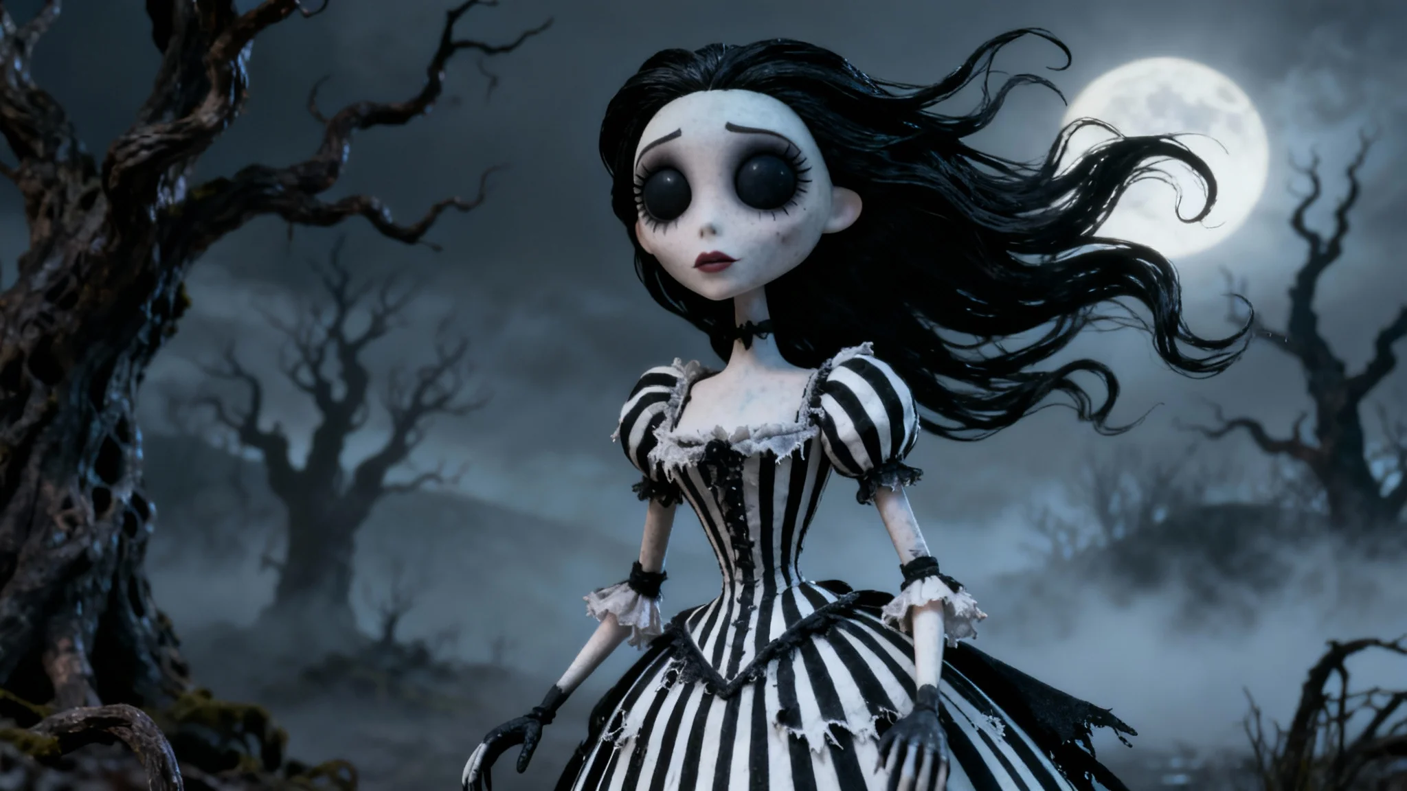 A finished artwork in the style of Tim Burton, featuring a gothic woman with large eyes and striped clothing, standing in a spooky, misty forest.