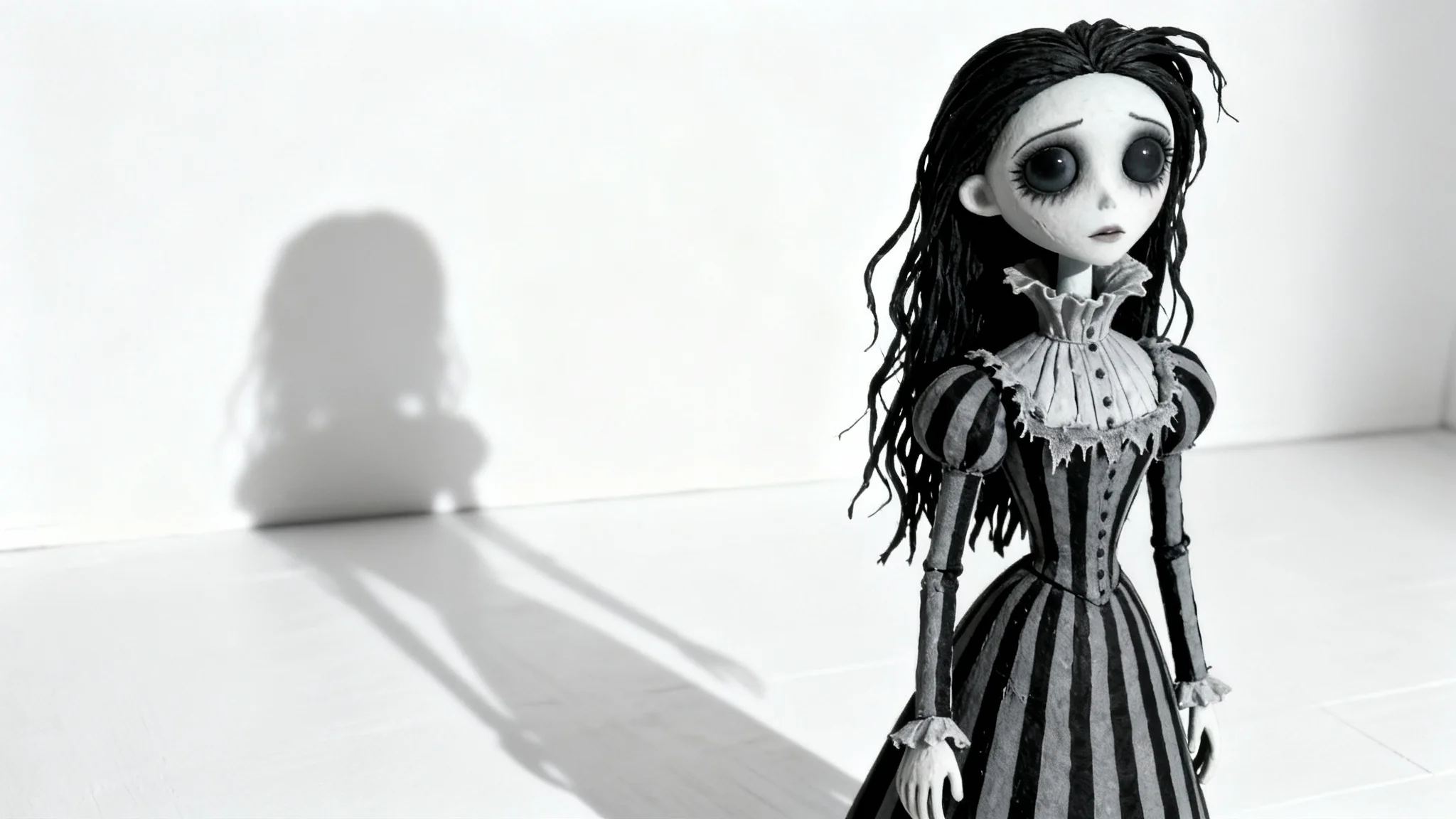 A character portrait in the gothic, whimsical style of Tim Burton, showing a pale woman with large, sad eyes and a striped dress standing against a plain white background, casting a long shadow.