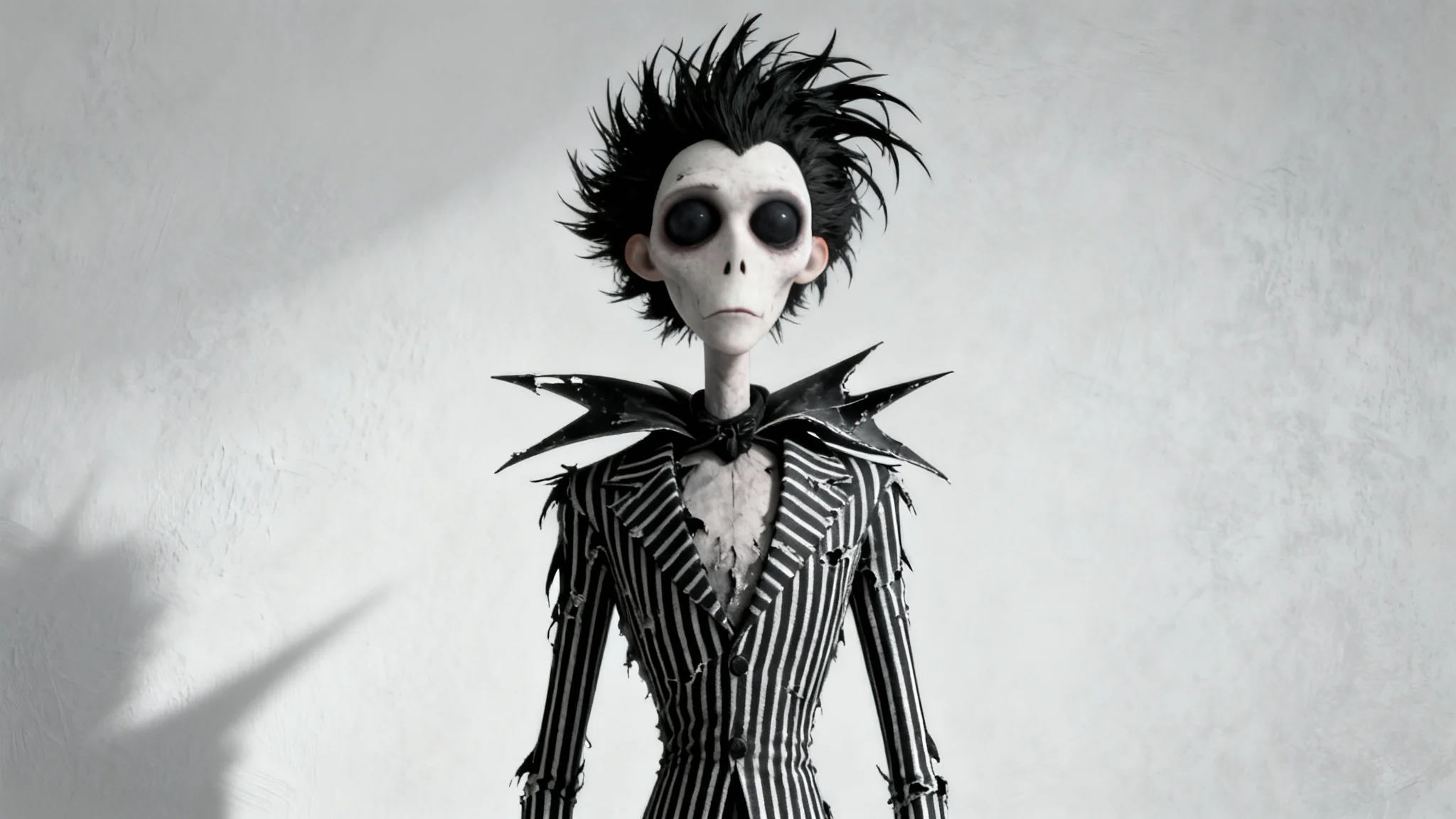 A stylized 3D character portrait in the gothic and whimsical style of Tim Burton, featuring a man with large eyes, pale skin, and a black and white striped suit against a plain light gray background.
