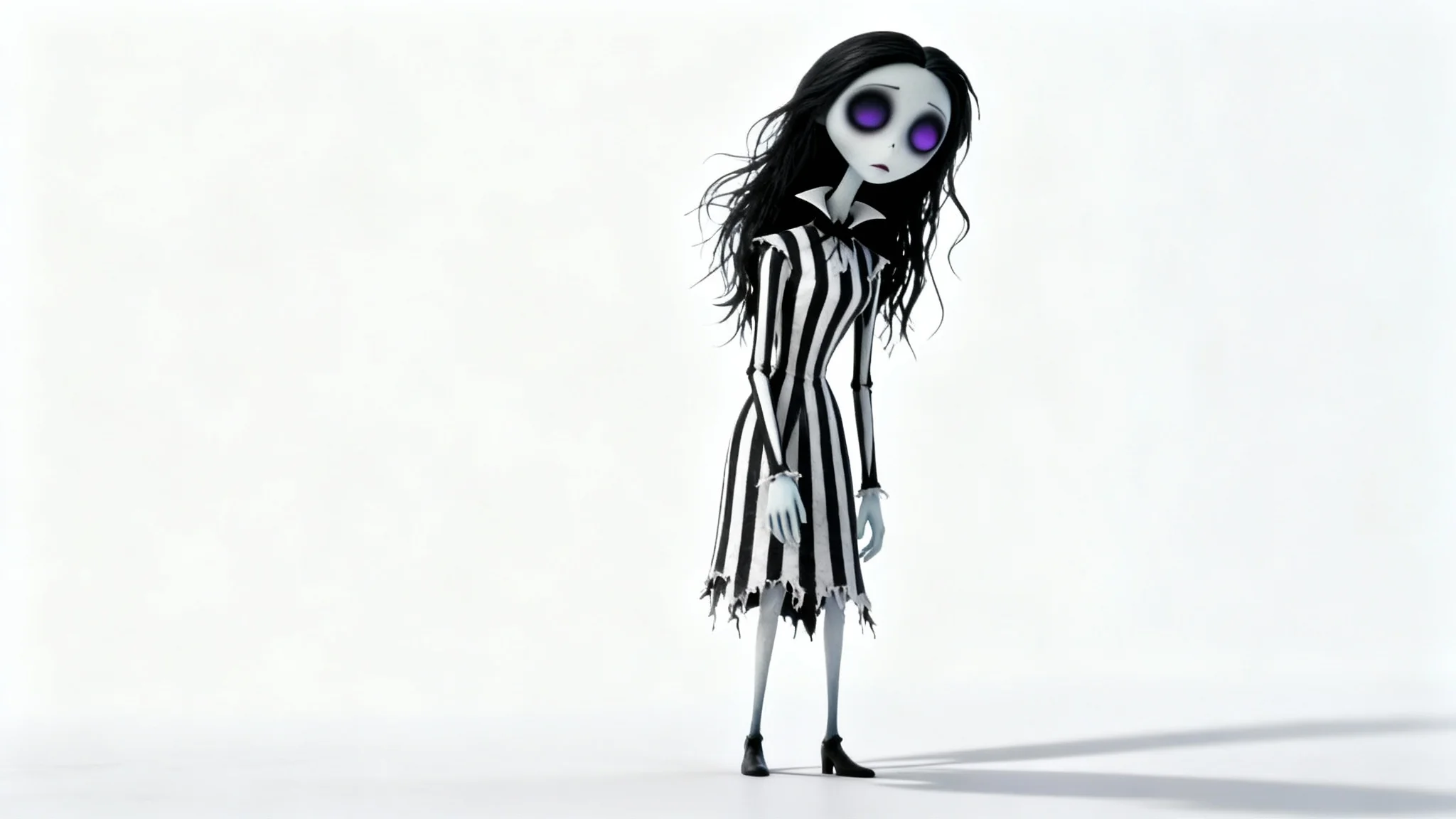A character illustration in the Tim Burton style, featuring a pale young woman with large dark eyes and a black and white striped dress, standing against a plain white background.