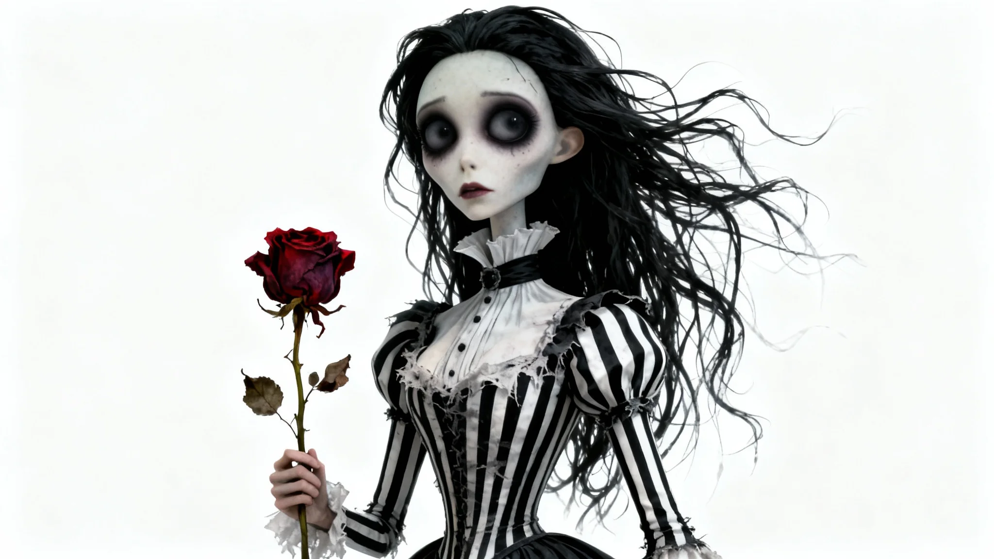 An illustration of a young woman in a gothic, whimsical Tim Burton style, standing against a plain white background. She has large sad eyes, wears a black and white striped dress, and holds a single wilted red rose.