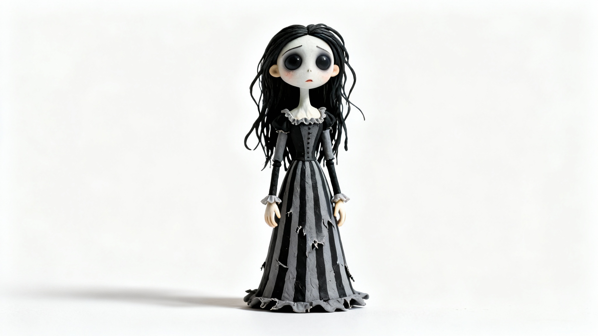 A full-body portrait of a character in the Tim Burton style, featuring a lanky girl with large eyes and a striped dress, standing isolated on a stark white background.