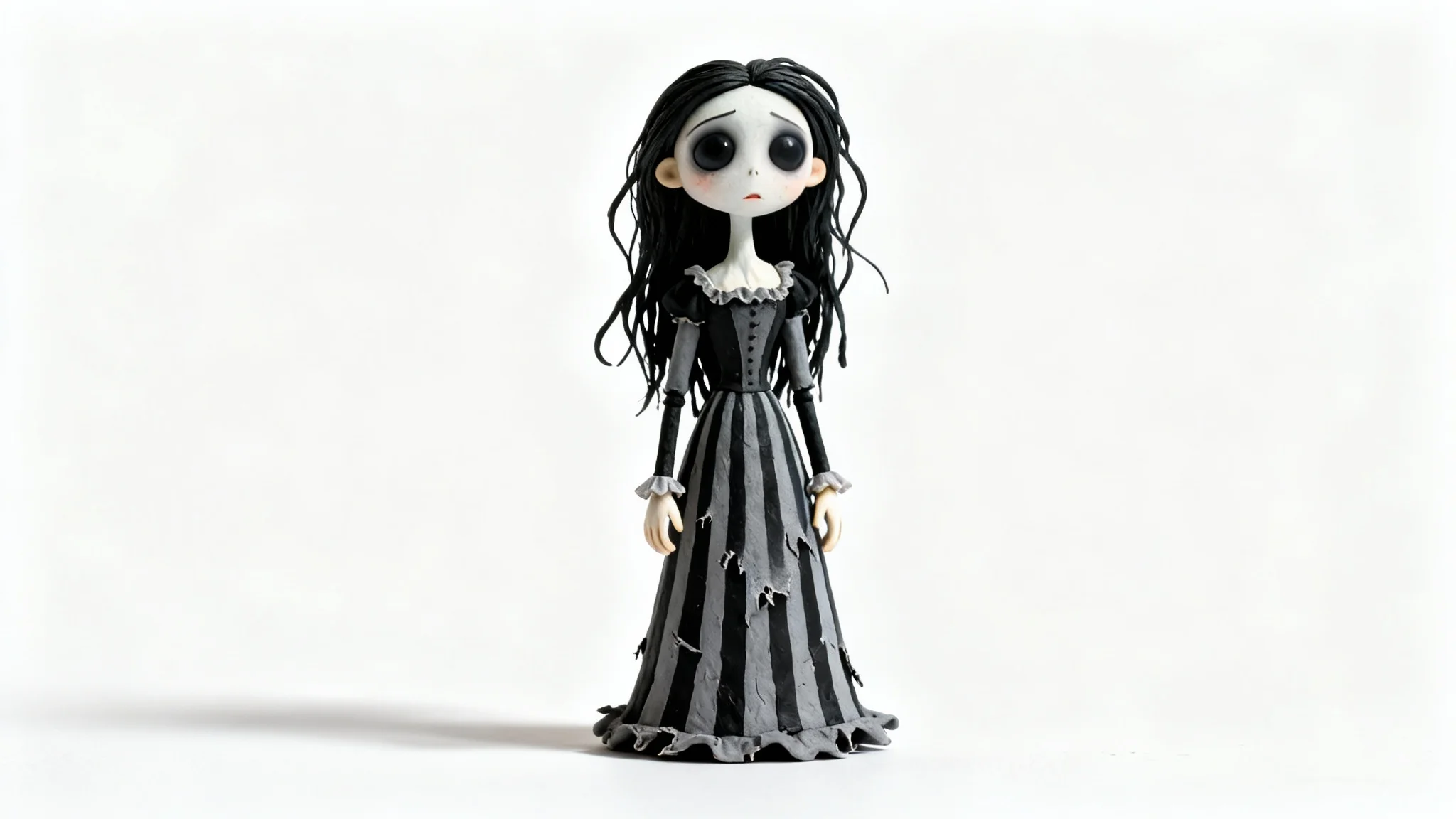 A full-body portrait of a character in the Tim Burton style, featuring a lanky girl with large eyes and a striped dress, standing isolated on a stark white background.