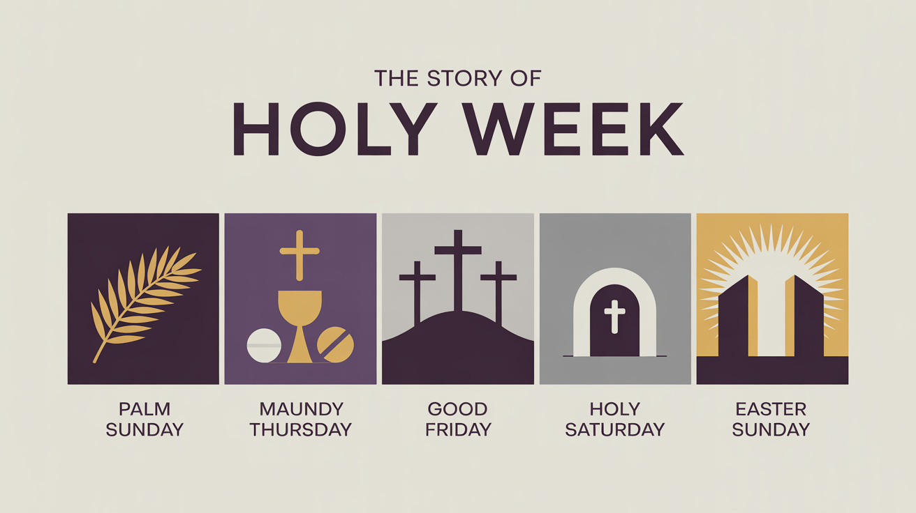 A finished infographic titled 'The Story of Holy Week' showing a timeline of five key events with minimalist icons: Palm Sunday (palm branch), Maundy Thursday (chalice and bread), Good Friday (three crosses), Holy Saturday (sealed tomb), and Easter Sunday (radiant empty tomb).