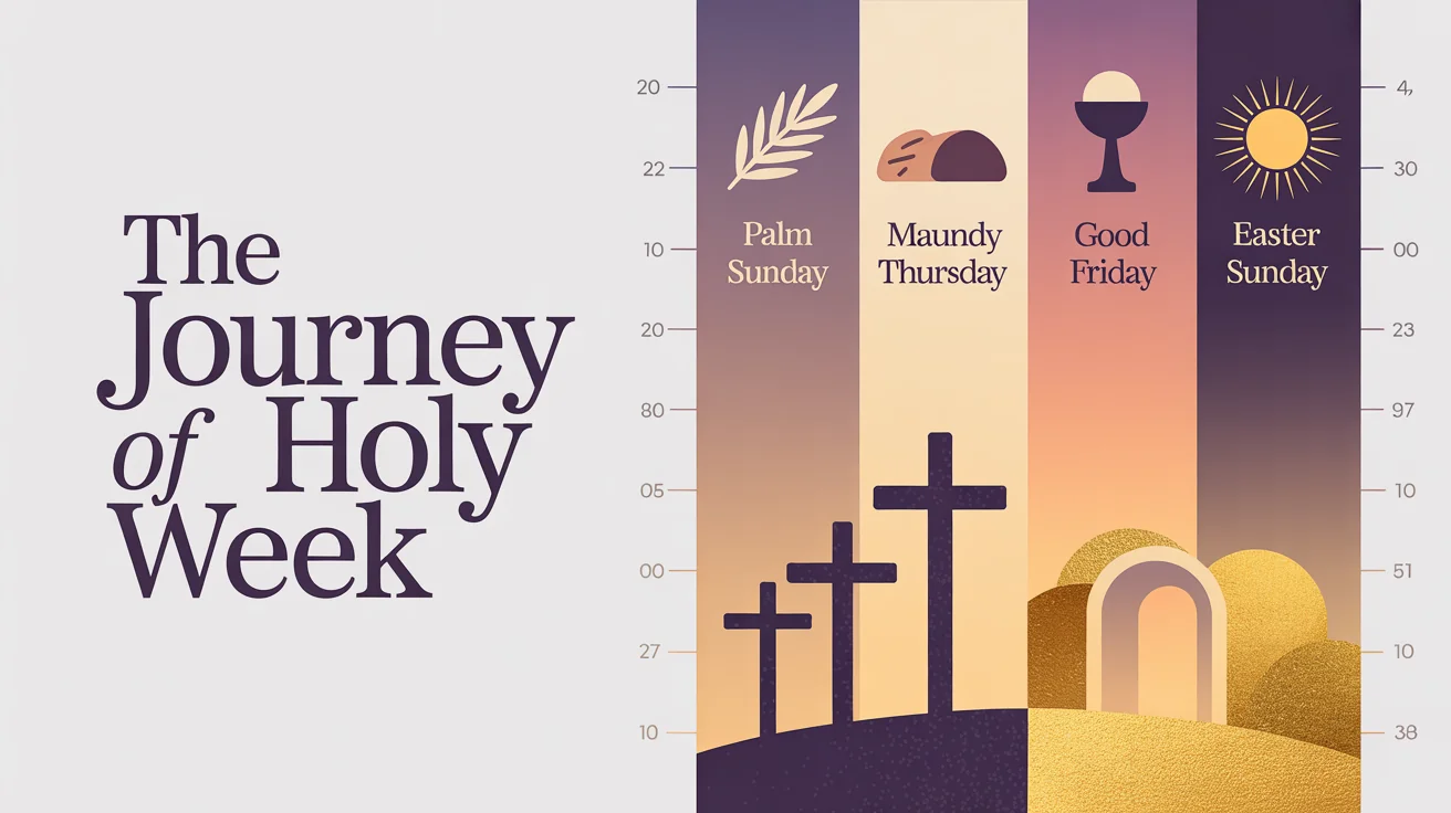 An artistic infographic mockup detailing the key events of Christian Holy Week, featuring minimalist icons and text for Palm Sunday, Maundy Thursday, Good Friday, and Easter Sunday.
