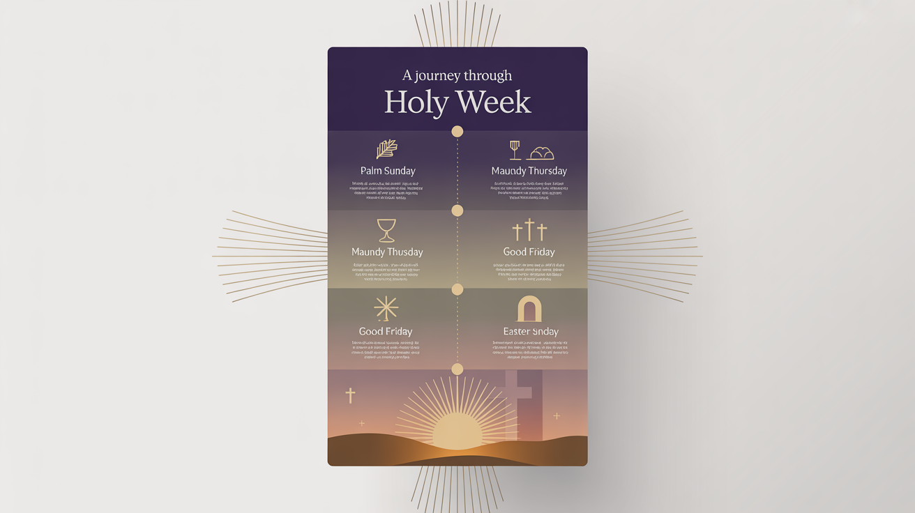 A modern infographic mockup illustrating the events of Christian Holy Week, with icons and text for Palm Sunday, Maundy Thursday, Good Friday, and Easter Sunday, set against a plain white background.