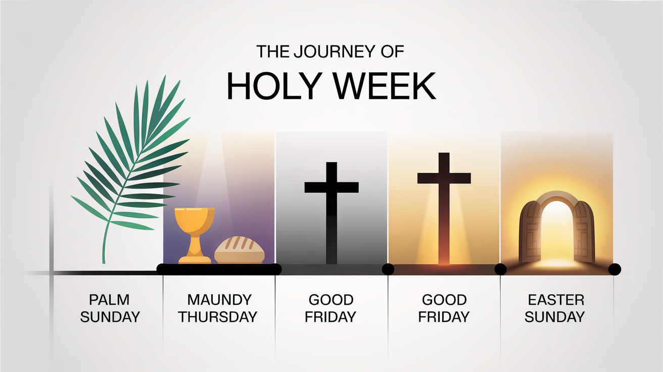 A modern infographic illustrating the key events of Christian Holy Week, from Palm Sunday to Easter Sunday, with simple icons and a color palette that moves from purple to gold.