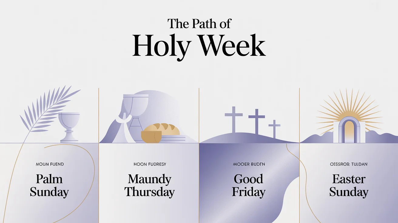 A modern infographic mockup illustrating the events of Holy Week. It features four sections on a white background: Palm Sunday with a palm frond, Maundy Thursday with a chalice, Good Friday with three crosses, and Easter Sunday with an empty tomb.
