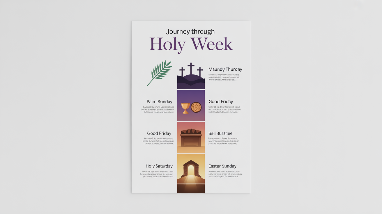 A modern infographic mockup illustrating the events of Christian Holy Week. It features a vertical timeline with icons for Palm Sunday (palm leaf), Maundy Thursday (chalice), Good Friday (three crosses), Holy Saturday (sealed tomb), and Easter Sunday (empty tomb with light).