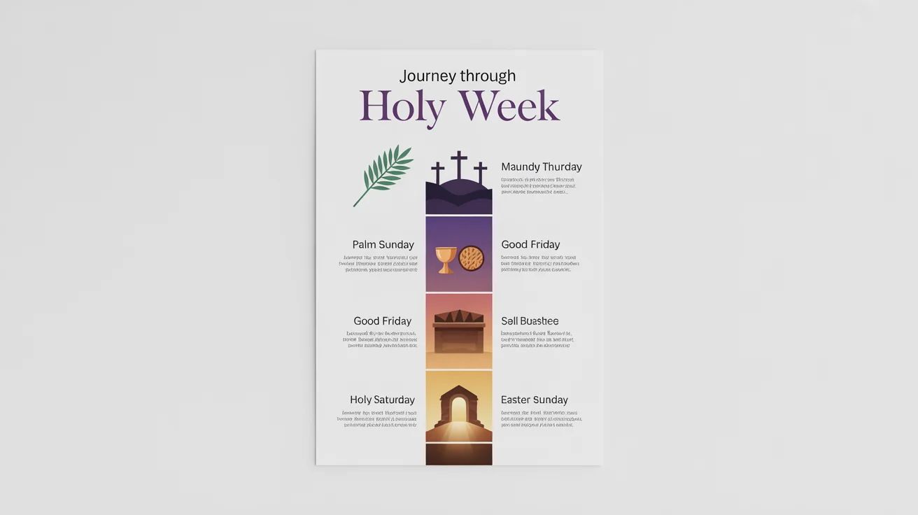 A modern infographic mockup illustrating the events of Christian Holy Week. It features a vertical timeline with icons for Palm Sunday (palm leaf), Maundy Thursday (chalice), Good Friday (three crosses), Holy Saturday (sealed tomb), and Easter Sunday (empty tomb with light).