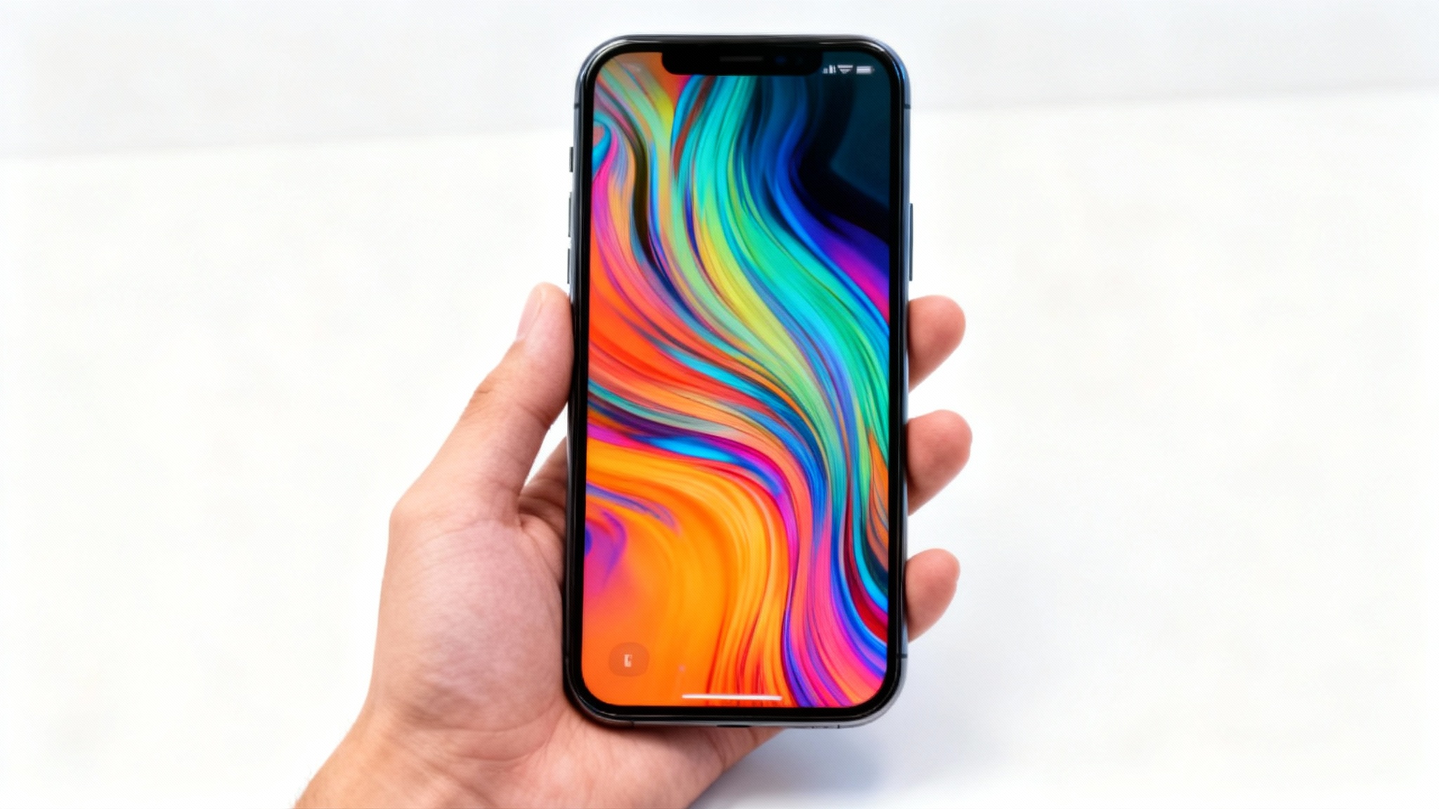 A hand holds a smartphone with a perfectly replaced, glowing screen against a white background, representing the successful result of a screen replacement.