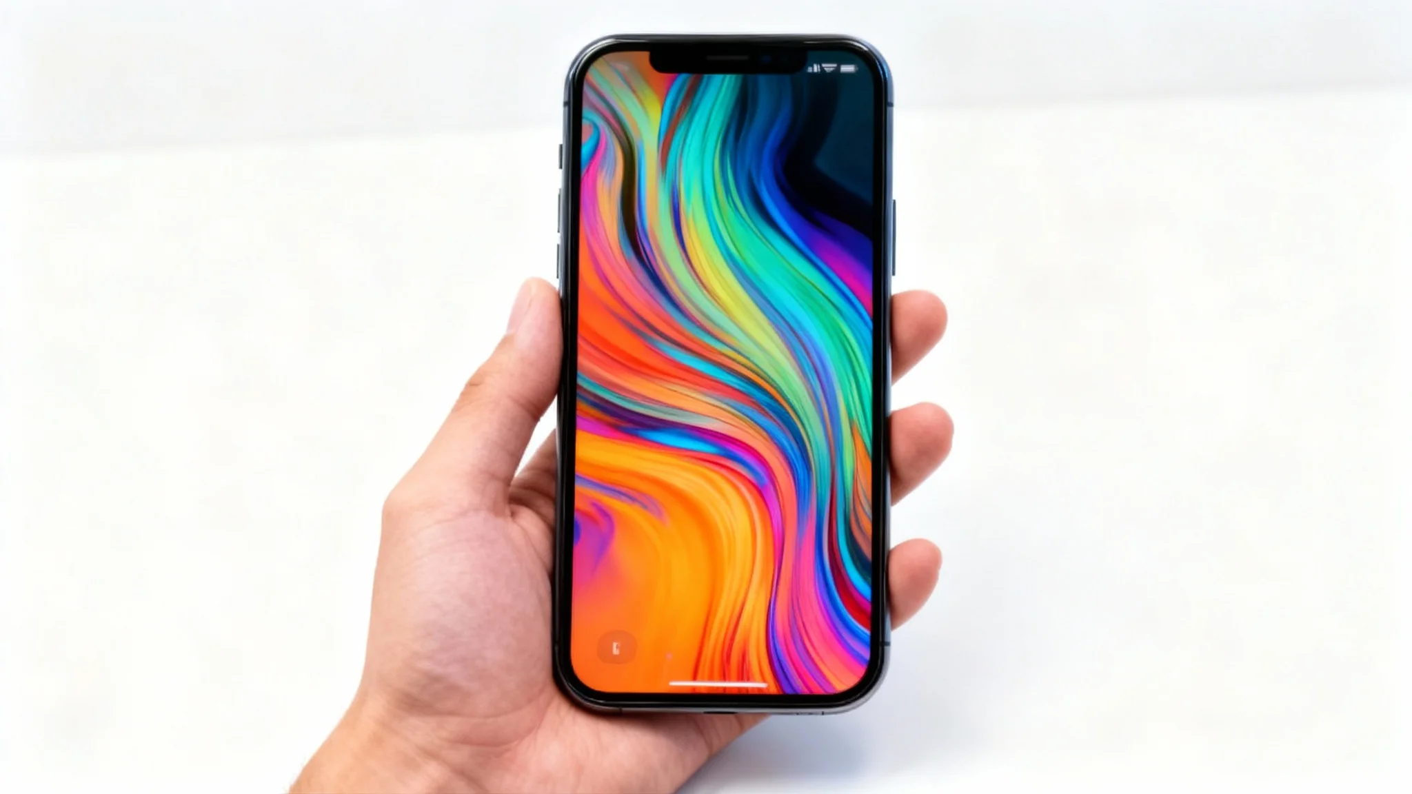 A hand holds a smartphone with a perfectly replaced, glowing screen against a white background, representing the successful result of a screen replacement.