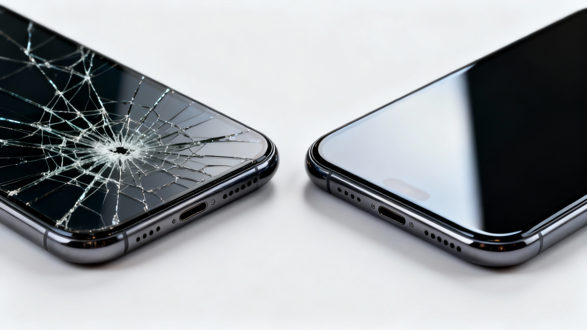 A side-by-side comparison of two smartphones; one has a badly cracked screen, and the other has a perfect, new screen, illustrating the result of a screen replacement.