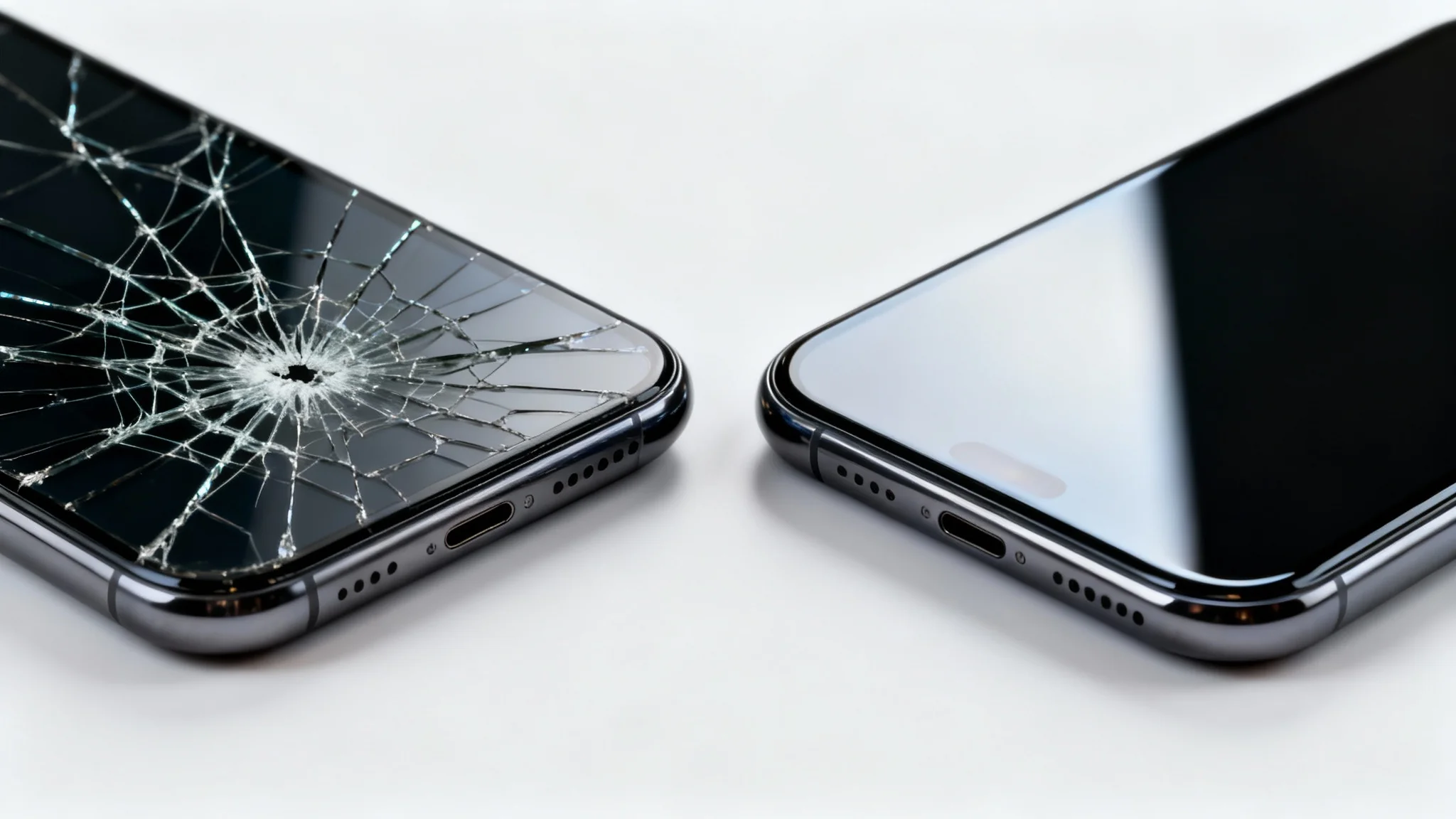 A side-by-side comparison of two smartphones; one has a badly cracked screen, and the other has a perfect, new screen, illustrating the result of a screen replacement.