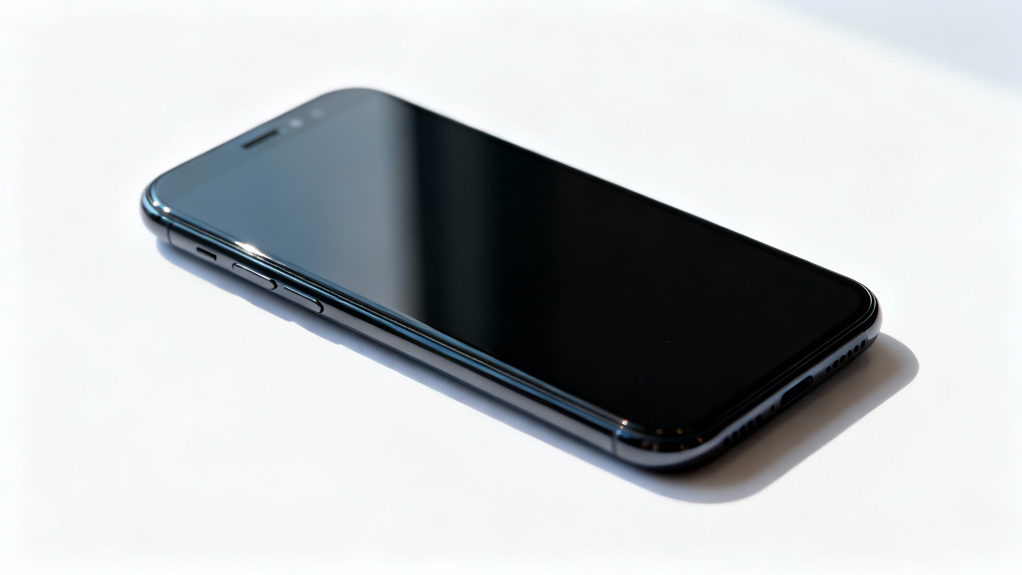 A close-up of a modern smartphone with a brand new, perfect screen, lying on a clean white background, illustrating a screen replacement service.