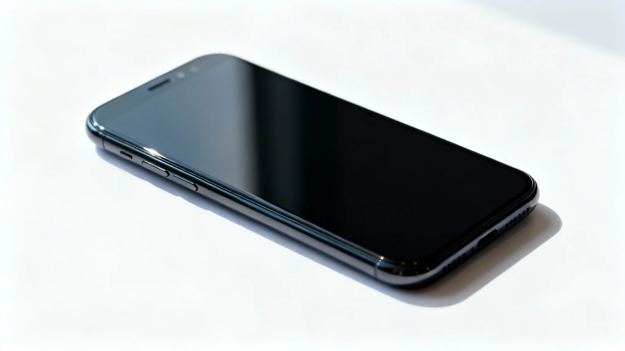 A close-up of a modern smartphone with a brand new, perfect screen, lying on a clean white background, illustrating a screen replacement service.