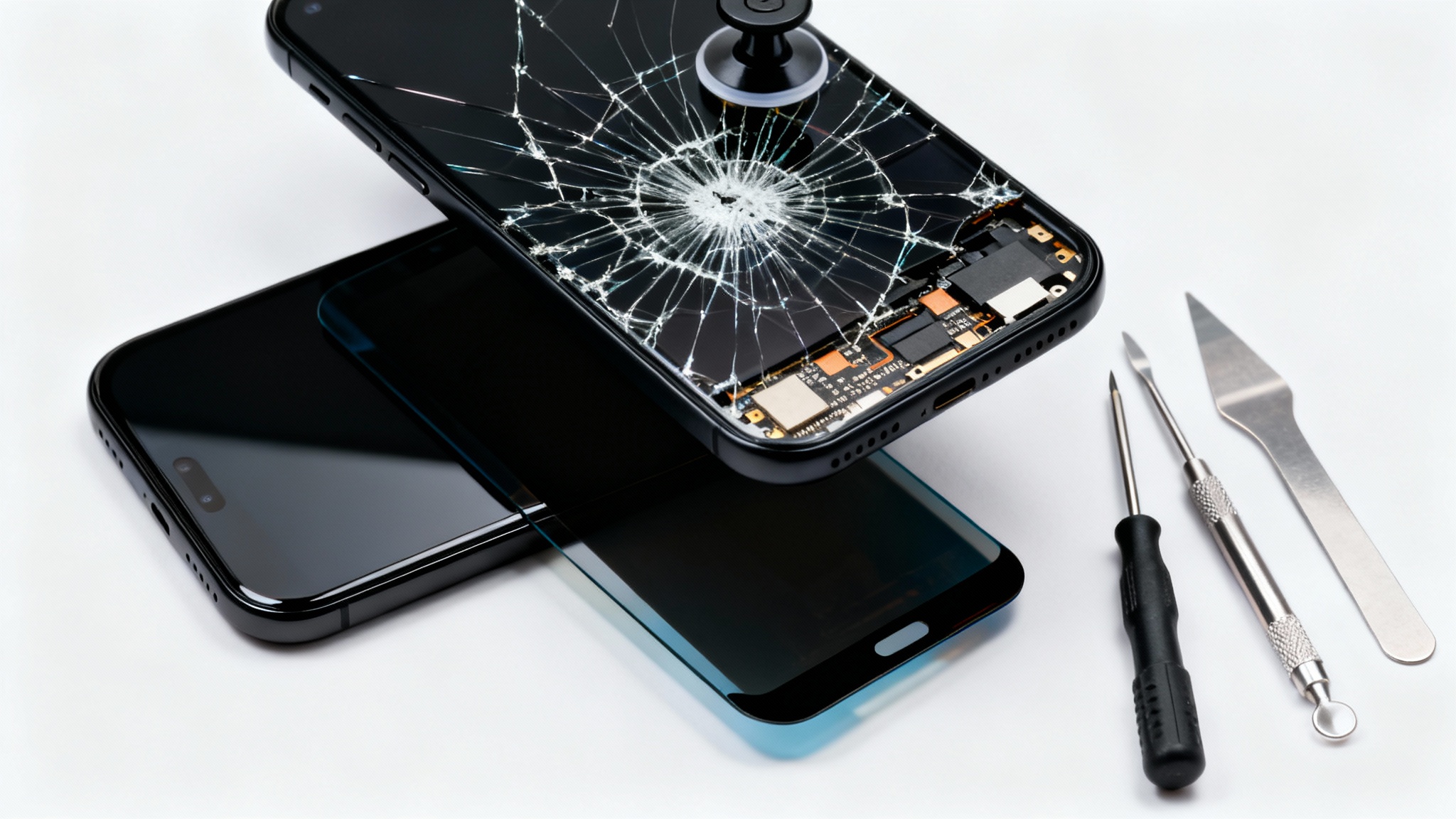 A smartphone undergoing a screen replacement, with the old cracked screen being lifted off to reveal the phone's interior, and a new screen and repair tools laid out beside it on a white background.