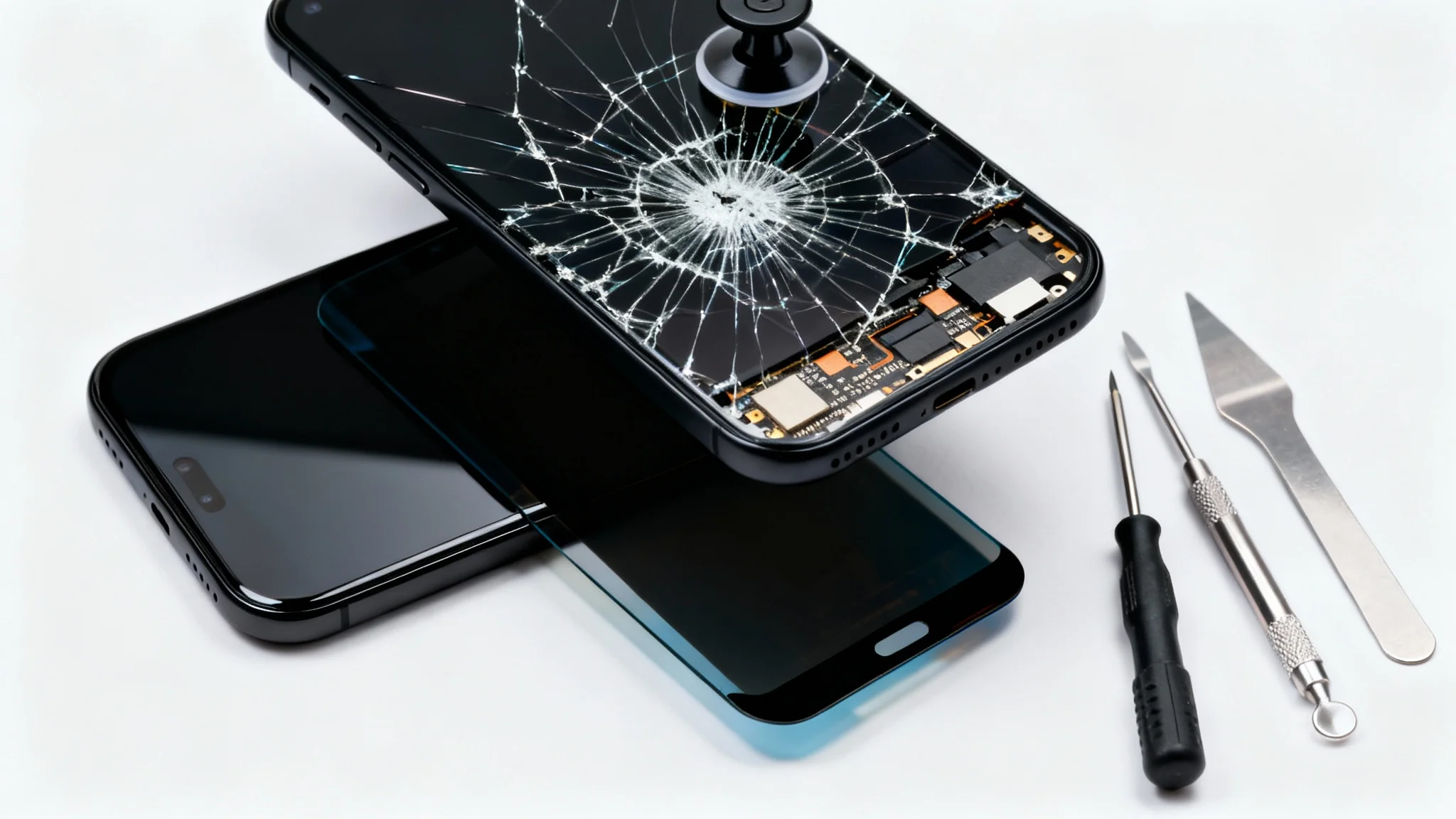 A smartphone undergoing a screen replacement, with the old cracked screen being lifted off to reveal the phone's interior, and a new screen and repair tools laid out beside it on a white background.