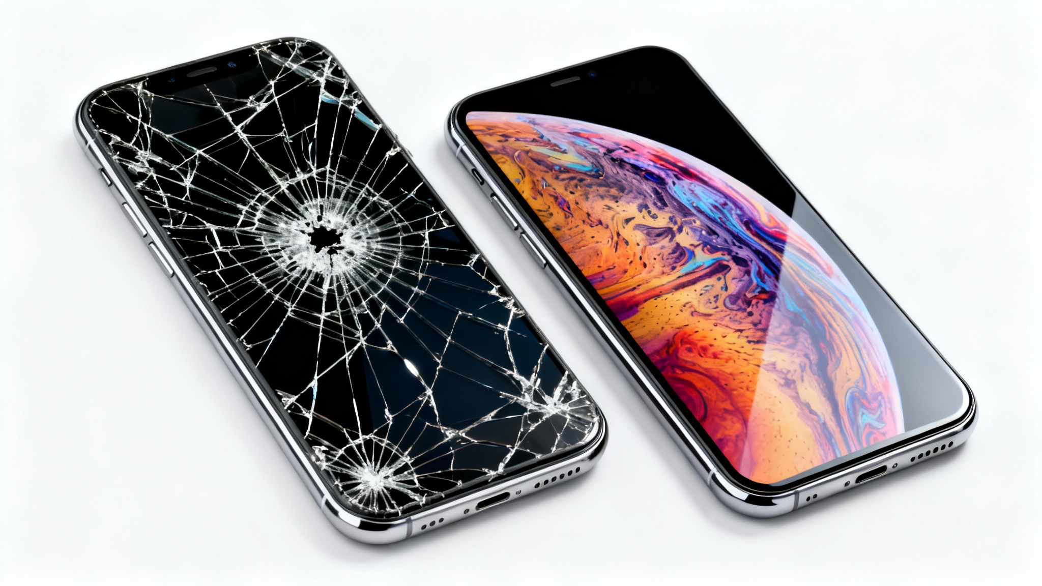 A side-by-side comparison showing a smartphone before and after screen replacement. The left phone has a shattered screen, and the right phone has a brand-new, glowing screen, all on a clean white background.