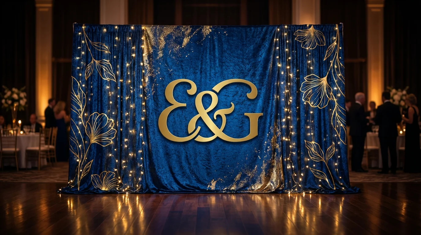 A professionally photographed event backdrop at a luxury gala, featuring a deep blue and gold design with floral patterns, a central logo, and embedded twinkling fairy lights.