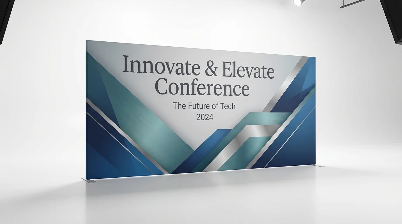 A modern, professional event backdrop mockup for the 'Innovate & Elevate Conference 2024', displayed against a clean white background.