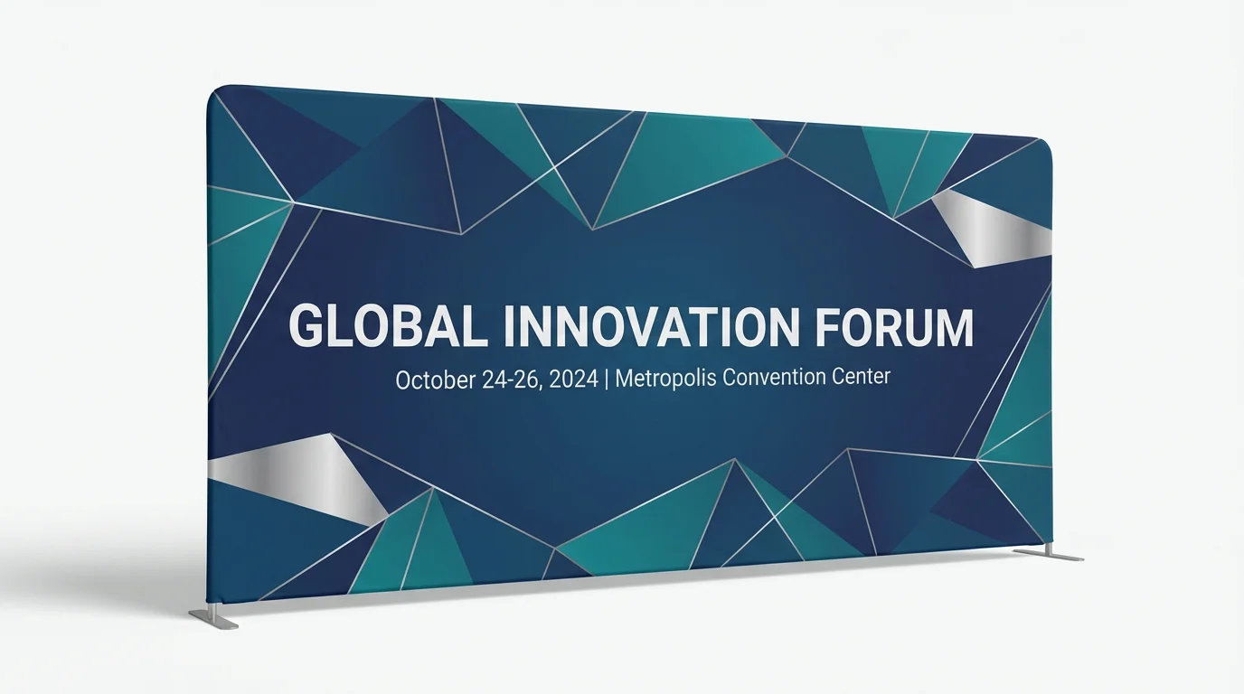 A professional mockup of a large event backdrop for the 'Global Innovation Forum' with a modern blue and teal design, displayed against a clean white background.