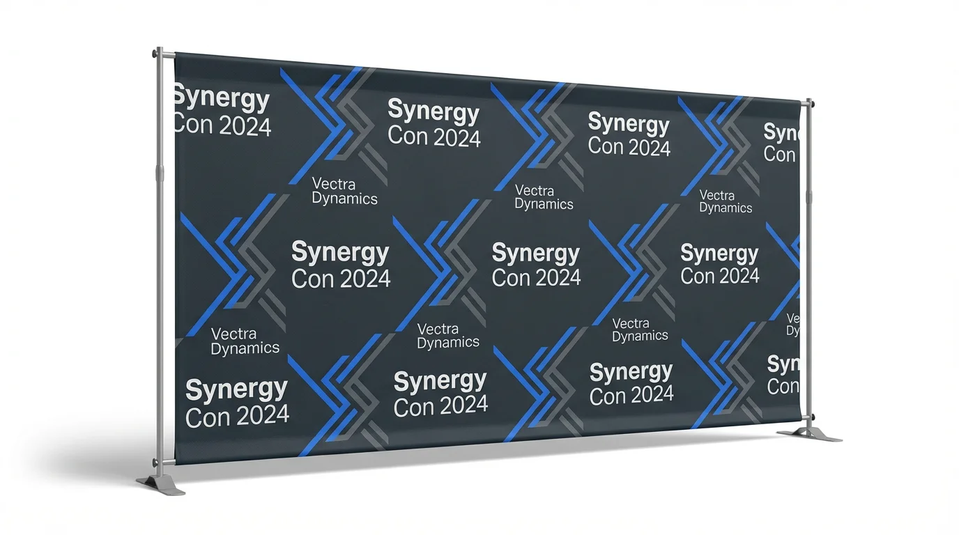 A professional event backdrop for a fictional conference called 'Synergy Con 2024' by 'Vectra Dynamics', shown on a stand against a white background.