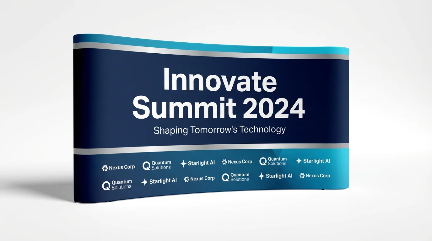 A professional mockup of a large event backdrop for the 'Innovate Summit 2024', featuring a modern blue and silver design on a white background.