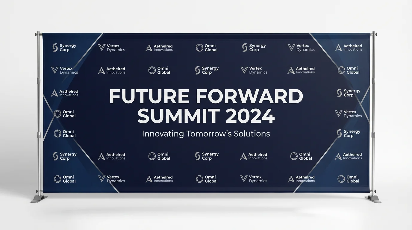 A professional mockup of a wide event backdrop for the 'Future Forward Summit 2024', featuring sponsor logos on a stand against a clean white background.