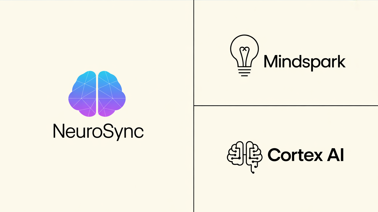 A collection of three professionally designed brain logos on a light background, showcasing different styles for tech and wellness brands like 'NeuroSync', 'MindSpark', and 'Cortex AI'.