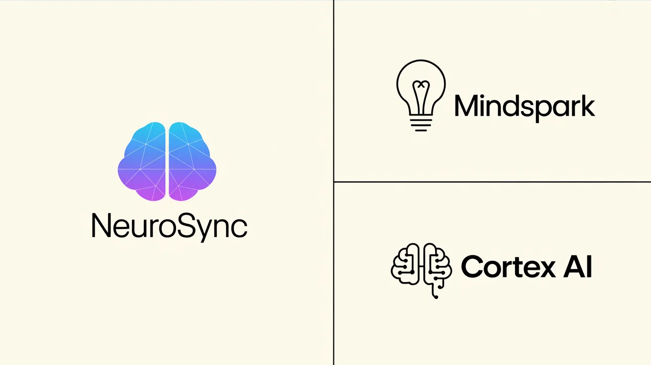A collection of three professionally designed brain logos on a light background, showcasing different styles for tech and wellness brands like 'NeuroSync', 'MindSpark', and 'Cortex AI'.