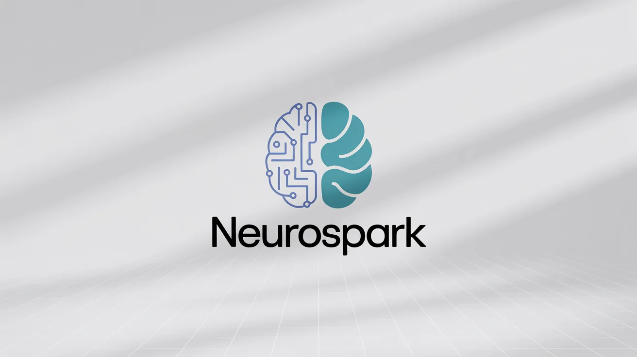 A modern logo mockup on a white background, featuring a stylized brain. One half is blue with geometric lines, the other is teal with organic shapes. The text 'NEUROSPARK' is written below.