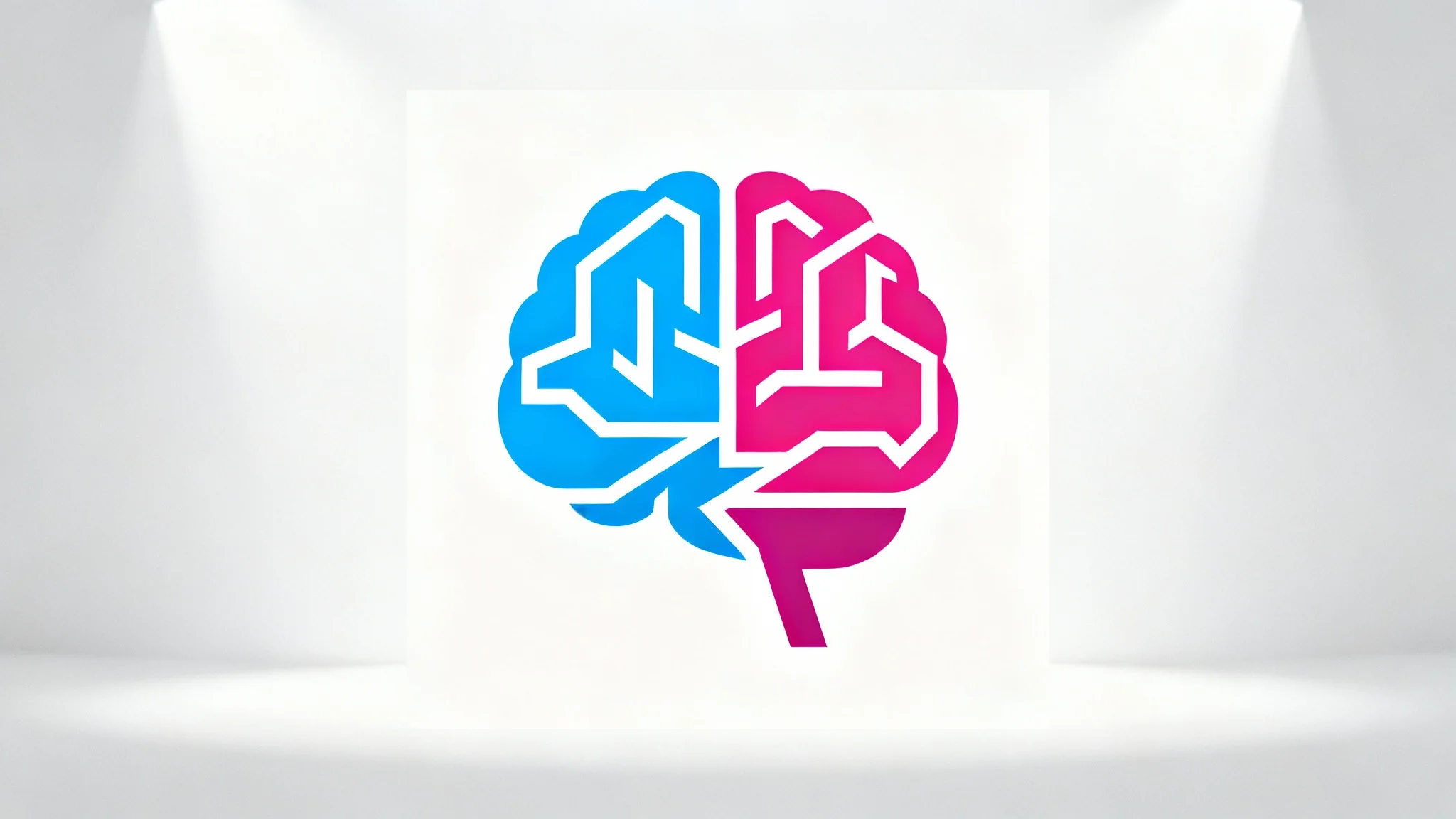 A modern and minimalist brain logo, with one hemisphere in electric blue and the other in bright magenta, isolated on a clean white background.