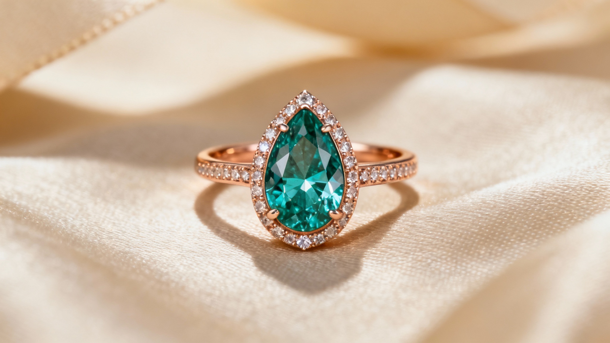 A photorealistic close-up of a final, custom-designed engagement ring featuring a pear-shaped teal sapphire and a rose gold pavé band, displayed elegantly on a silk surface.