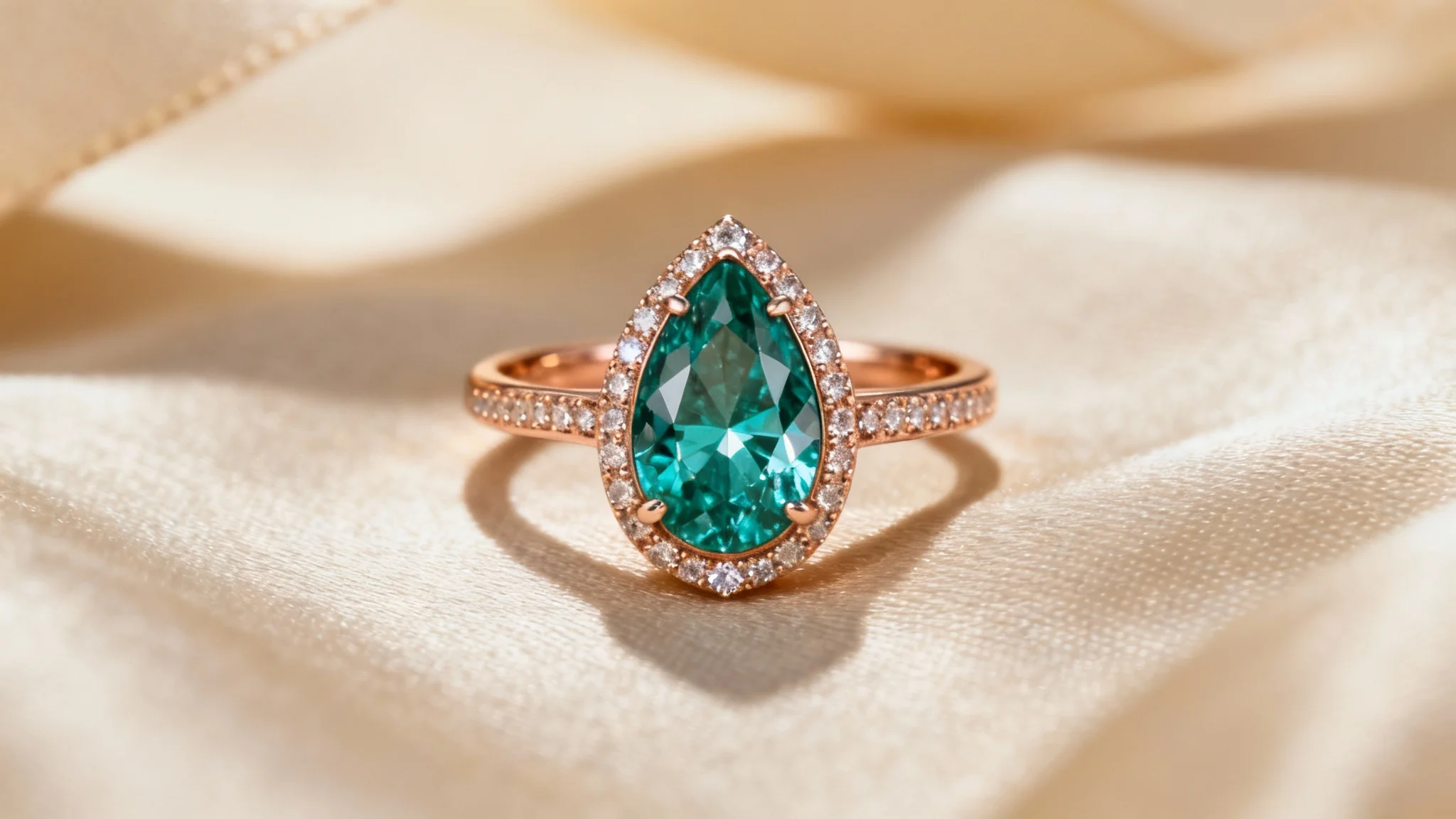 A photorealistic close-up of a final, custom-designed engagement ring featuring a pear-shaped teal sapphire and a rose gold pavé band, displayed elegantly on a silk surface.