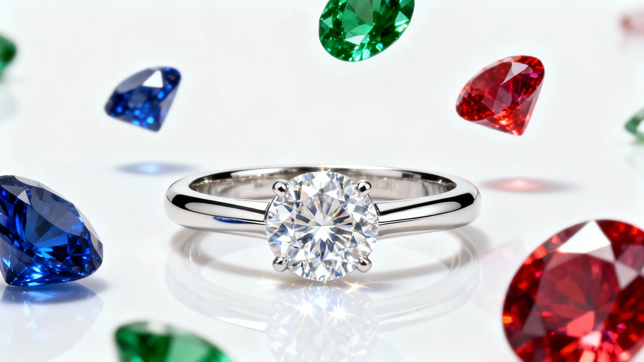 A photorealistic mockup of a custom platinum and diamond engagement ring on a clean white background, with loose sapphires, emeralds, and rubies floating around it to symbolize the design process.