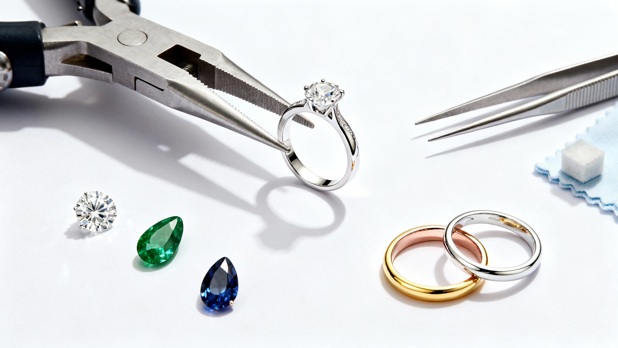 A top-down view of a jeweler's workbench showing the components to design a custom ring, including a central platinum setting, loose diamonds and sapphires, and bands in yellow, rose, and white gold.